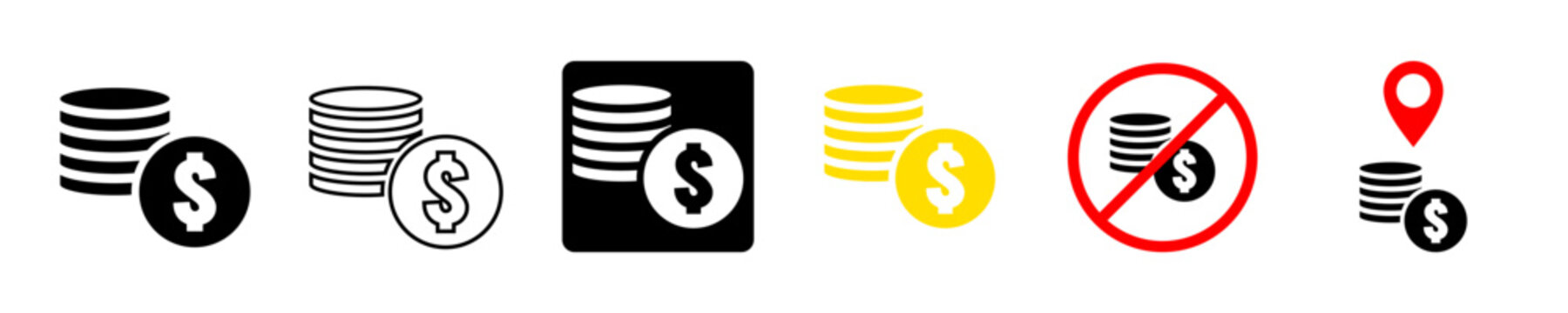 set coins line or glyph with not allowed and location icon vector for wealth apps. Ideal for budget mapping and restricted payment areas. Symbolizes localized finance and blocked transactions.