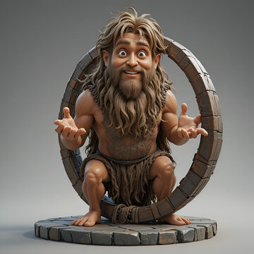 3d Funny caveman invents the wheel