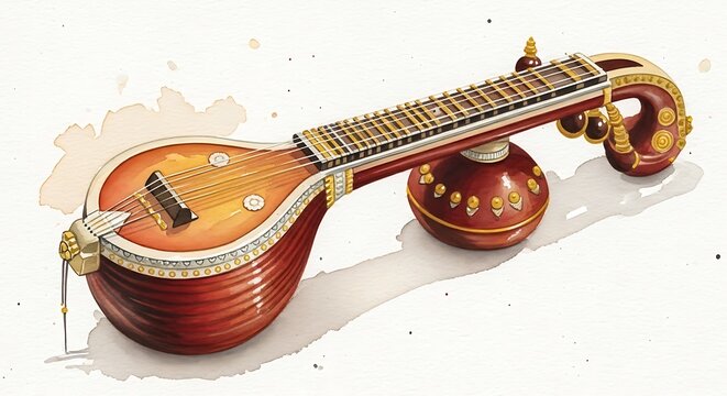 A traditional Indian veena resting on a stand on a white surface captured from a slightly angled viewpoint