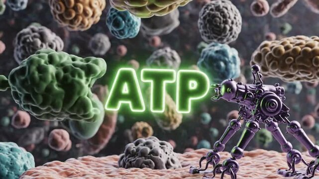 A nanobot targets a cell with an energy beam (TP), symbolizing advanced medical technology and cellular therapy in a microscopic environment.