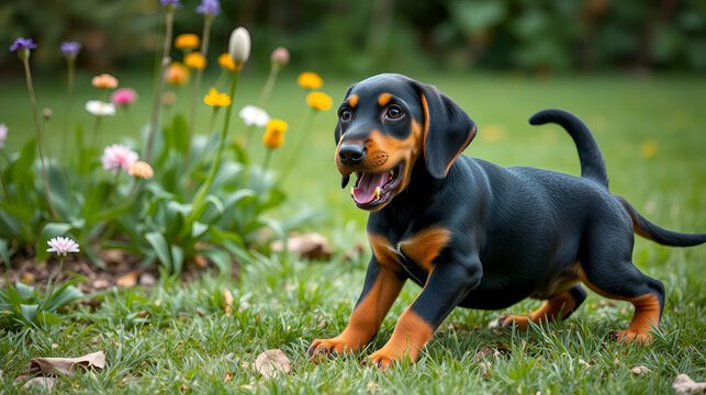 Black and Tan Coonhound puppy playing in the garden, cute dogs,