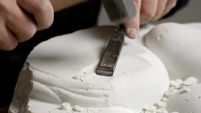 Sculptor hands carving white marble with chisel and hammer. Art craftsmanship concept