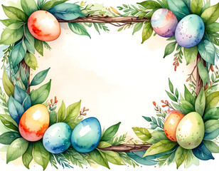 Easter frame of eggs, leaves & twigs. Watercolor illustration with copy space in the center