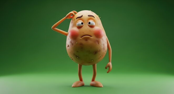 Contemplative potato character ponders an uncertain future with a green backdrop