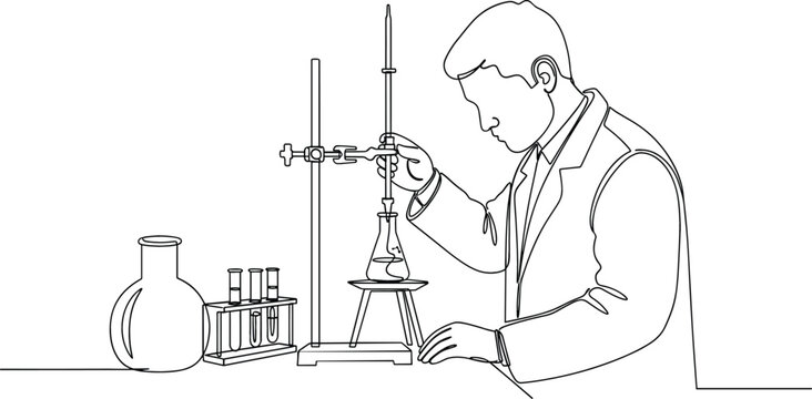 Continuous line drawing of a scientist performing titration in a laboratory representing scientific research chemical analysis and STEM education.