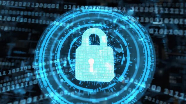 Cybersecurity digital lock data privacy protection glowing circular interface blue padlock secure