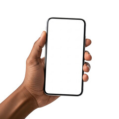 A hand holding a smartphone with a blank screen against a white background isolated on transparent background