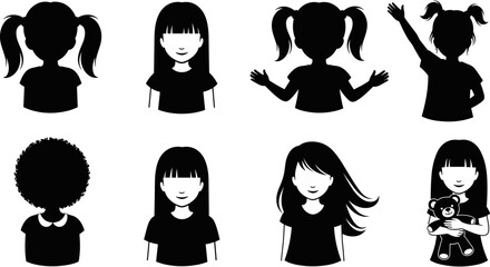 Little girl silhouette collection, cute female child avatar set, young student character icons, kids profile portrait, various hairstyles, children black vector, © Shopna