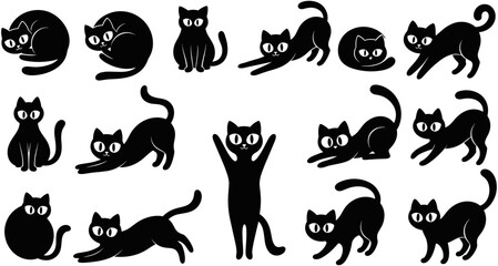 Black cat silhouettes collection with cute cartoon kitten characters in various feline poses, flat animal icons for halloween design and pet lovers vector, © Shopna