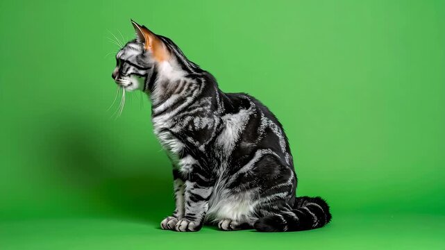 American Shorthair Cat Sitting on Green Screen Background Stock Video Footage