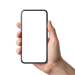 Hand holding a smartphone with a blank screen against a white background isolated on transparent background