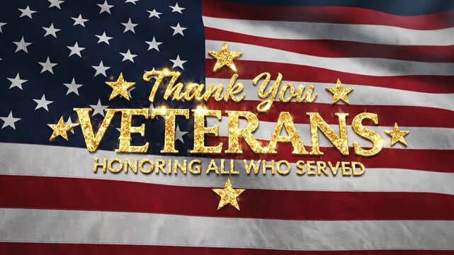American flag with "Thank You Veterans" golden text and stars