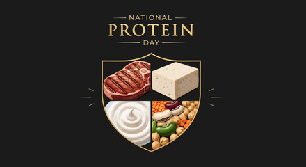 National Protein Day logo with steak, tofu, eggs, seafood, nuts, beans and grains on shield
