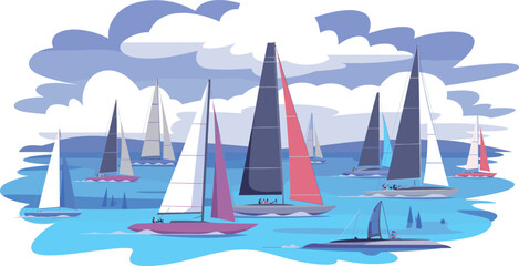 Isometric sailboat regatta illustration with sailing yachts on ocean, marine sport, nautical competition, sea adventure, vector landscape concept © Miss