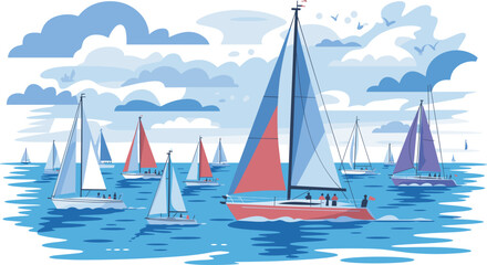 Isometric sailboat regatta scene with sailing yachts on ocean, nautical sport, marine adventure, sea race illustration concept © Miss