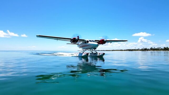 Small seaplane flying over turquoise water with clear sky and distant shoreline for travel tourism and transportation concepts
