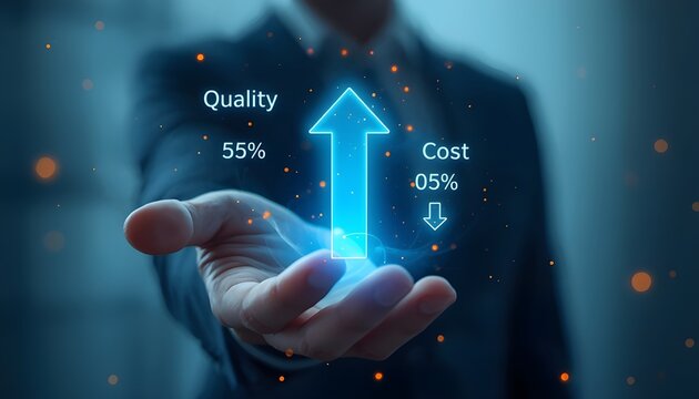 Businessman presenting a glowing digital infographic showing a fifty five percent quality increase and a five percent cost reduction achieved through optimized business strategy
