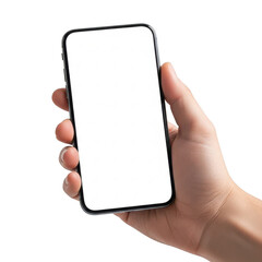 A hand holding a smartphone with a blank screen in front of a white background isolated on transparent background
