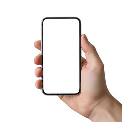 A hand holding a blank smartphone ready for use or display isolated on transparent background