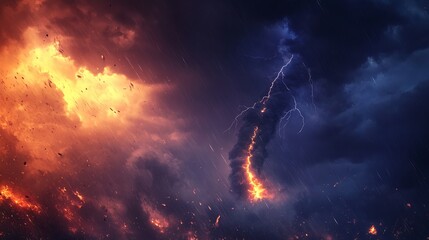 Dramatic tornado with lightning flash over night sky, powerful storm and thunderstorm in cataclysmic weather scene