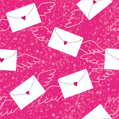 Letters with hearts and wings and splashes seamless pattern hand drawn. White messages on pink.