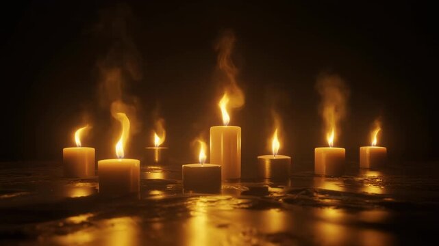 3D scene of multiple glowing candles on a dark background, soft warm flickering flames, gent