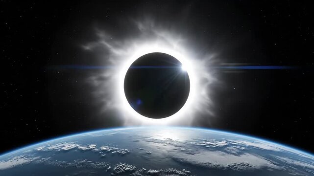 Total solar eclipse viewed from Earth orbit in space. Realistic sci-fi astronomy concept