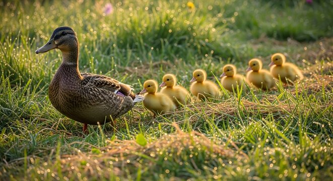 A mother duck leads her ducklings across a lush green field in the countryside.