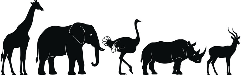 African safari wildlife animal silhouettes set including giraffe elephant ostrich rhinoceros and antelope, isolated black vector icons on white background, © Shopna