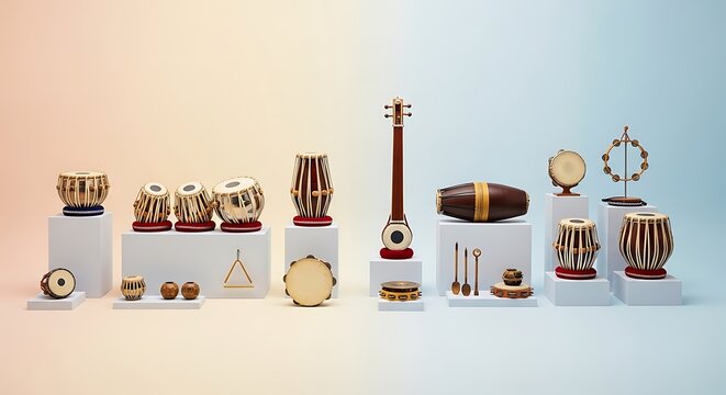 Assorted traditional Indian musical instruments displayed on white pedestals against a gradient background from a straight-on viewpoint