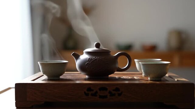 Traditional tea set with teapot and cups arranged on a wooden tray in a cozy home environment