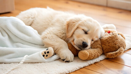 Obraz na płótnie Canvas Golden retriever puppy sleeping peacefully with teddy bear on cozy blanket at home