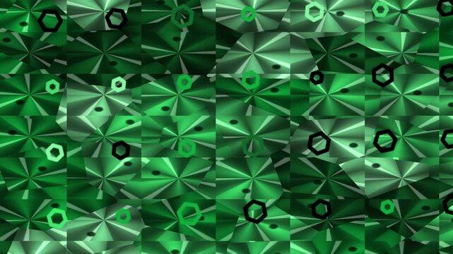 A tessellated green pattern with radial designs, geometric shapes and dark shadows