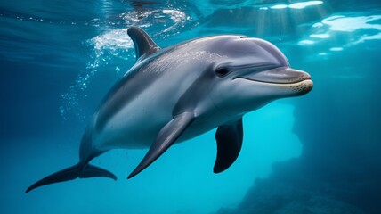 Obraz premium Dolphin swimming gracefully underwater in clear blue ocean water