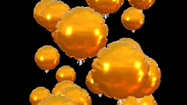 3d animation of golden balloons flying upwards, birthday or anniversary celebration concept. Video with alpha channel