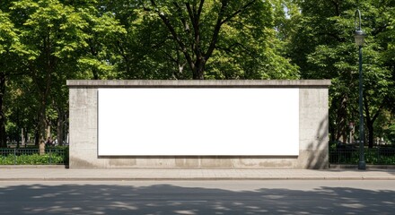 Large blank billboard mockup on a city street, ready for custom advertising content or a promotional message, set against a backdrop of lush green trees, ideal for outdoor marketing campaigns