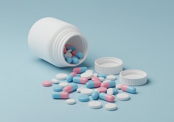 White bottle lying on its side with pink blue and white pills spilling out onto a light blue surface with the cap next to it