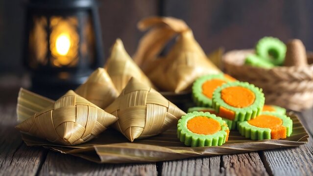 traditional Eid Al-Fitr dishes including Ketupat and colorful Indonesian cookies (Nastar)