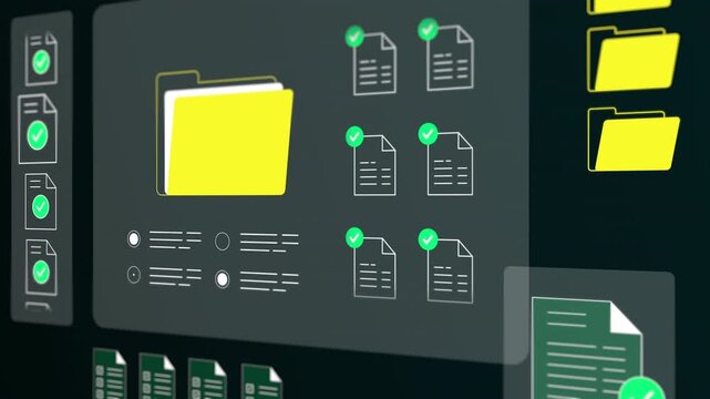 Close up of a digital display showing yellow folders and categorized file icons for efficient data storage.