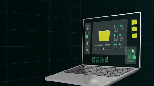 Perspective view of a laptop screen featuring yellow folder icons and organized digital document modules.