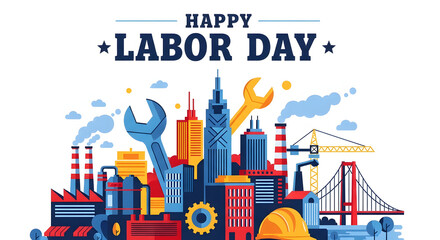 Naklejka premium Happy labor day celebration with industrial buildings and tools. Suitable for labor day promotions, constructionrelated events, or industrialthemed designs.