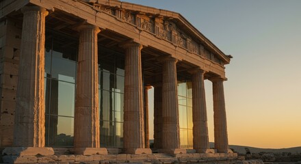 Fototapeta premium Ancient Greek Temple with Modern Glass Facade at Sunset, Golden Light
