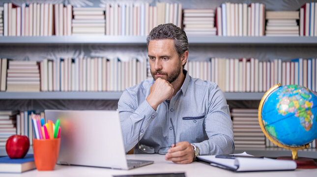 digital classroom. Online education of teacher in classroom. teachers day. teacher man offer education online. online school education. teacher at lesson during estudy. Digital learning environment