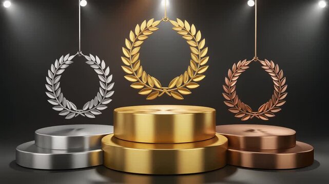 "Stylized award podium with three circular platforms, gold center elevated for first place, silver left for second, bronze right for third, laurel wreaths above each, dramatic spotlight and dark backg