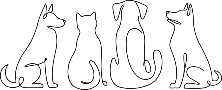dog cat line drawing four pets continuous single line illustration