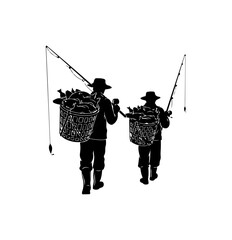 Two Fishermen Carrying Baskets Silhouette