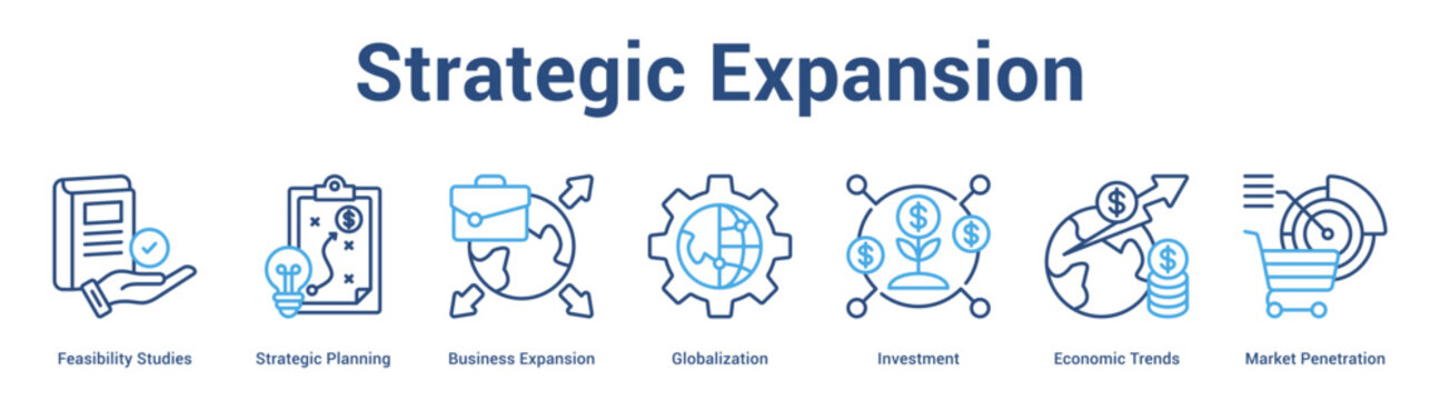 Strategic Expansion web banner icon set vector illustration concept for business with icon of Feasibility Studies, Strategic Planning, Business Expansion, Globalization, Investment, Economic Tren.
