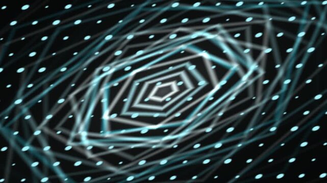 Abstract design with nested pentagons, glowing lines, and scattered dots on a black background