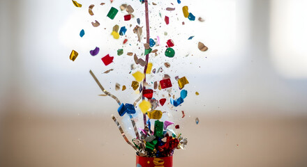 Vibrant confetti explosion bursts from a party popper, creating a joyful celebration of festive moments and success.