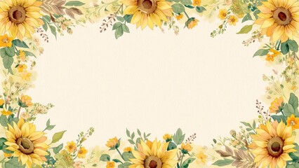 Fototapeta premium 水彩ひまわりと小花のボタニカルフレーム背景素材